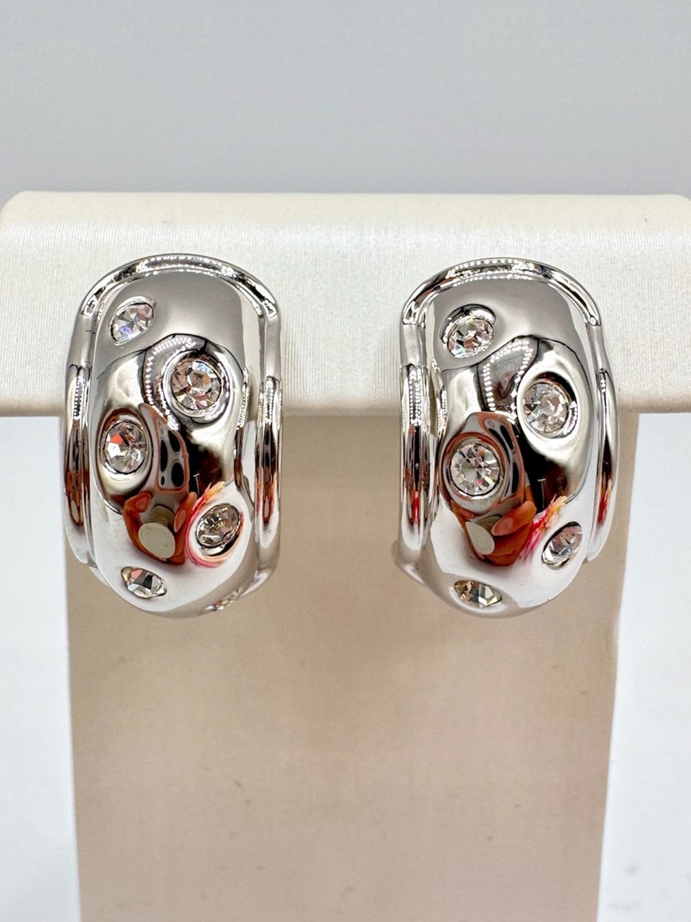 Nolan Miller Crystal Half Hoop Earrings Silver Tone Signed Holiday Elegant Chic